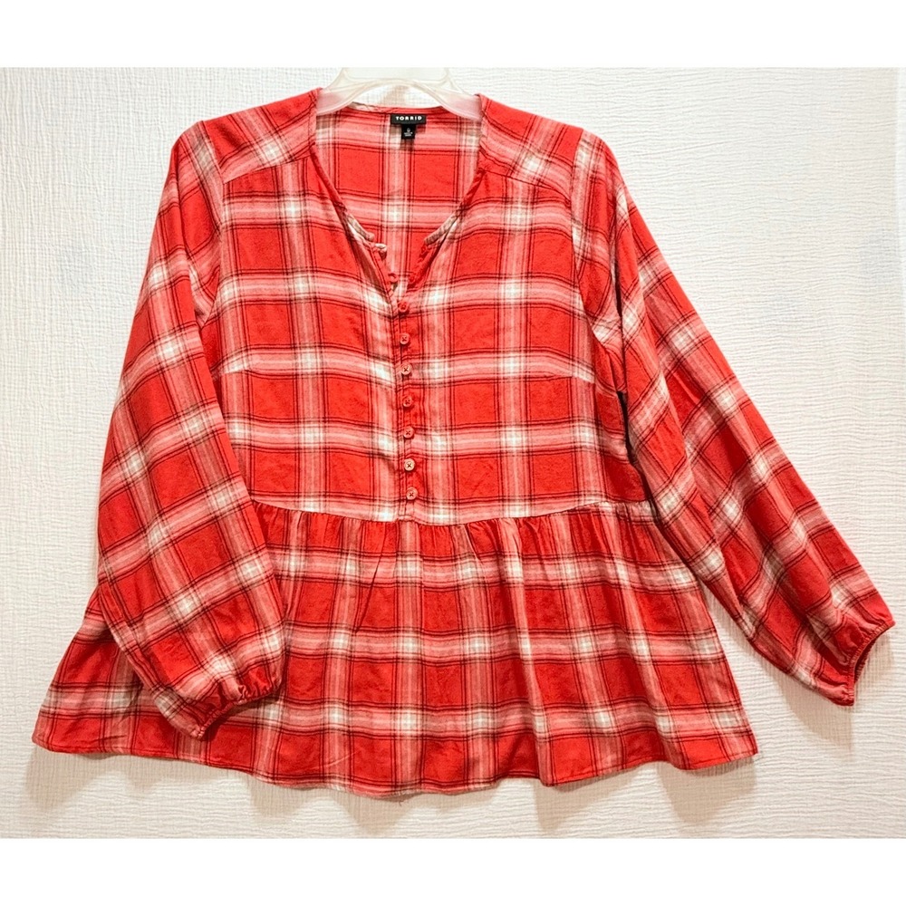 Torrid Plaid Babydoll Top Womens 0 Orange White Henley Peplum Long Sleeve